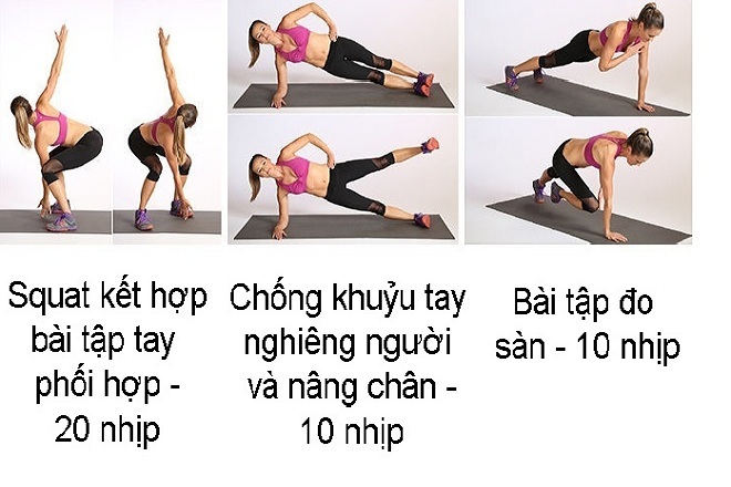 công đoạn 3 với bài tập squat kết hợp tay chống khuỷu tay và đo sàn