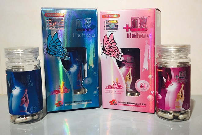 Hai hộp thuốc giảm cân Lishou hồng và xanh